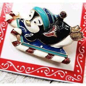 Christopher Radko Penguin On Sled Christmas Brooch